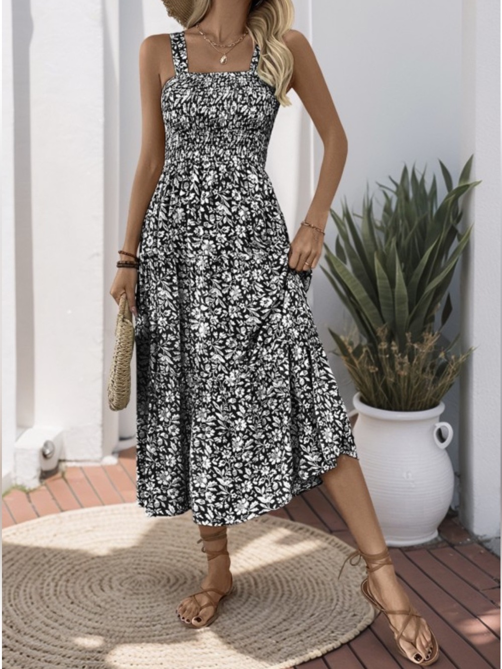ShopEvelynne Black & White Smocked Floral Midi Dress